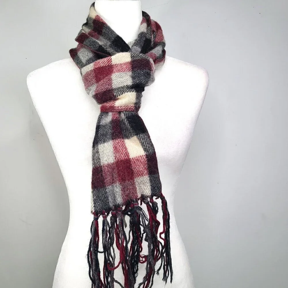 Unisex Burgundy Red Gray Black Plaid Fringe Scarf Wrap Long